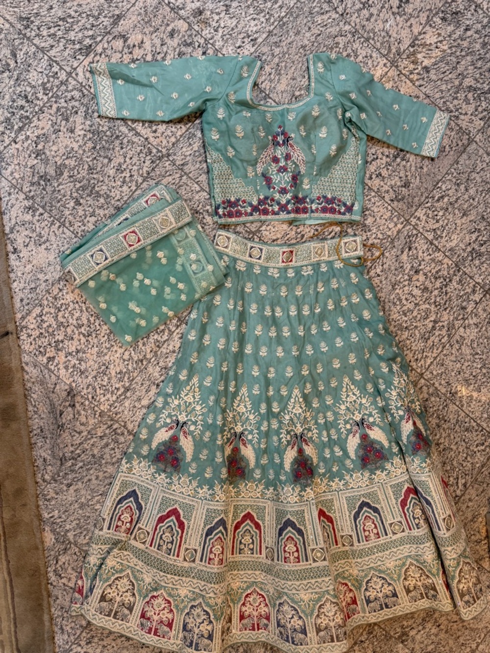 Embroidered Pastel Indian lengha with Multicolor Accents, peacock embroidery